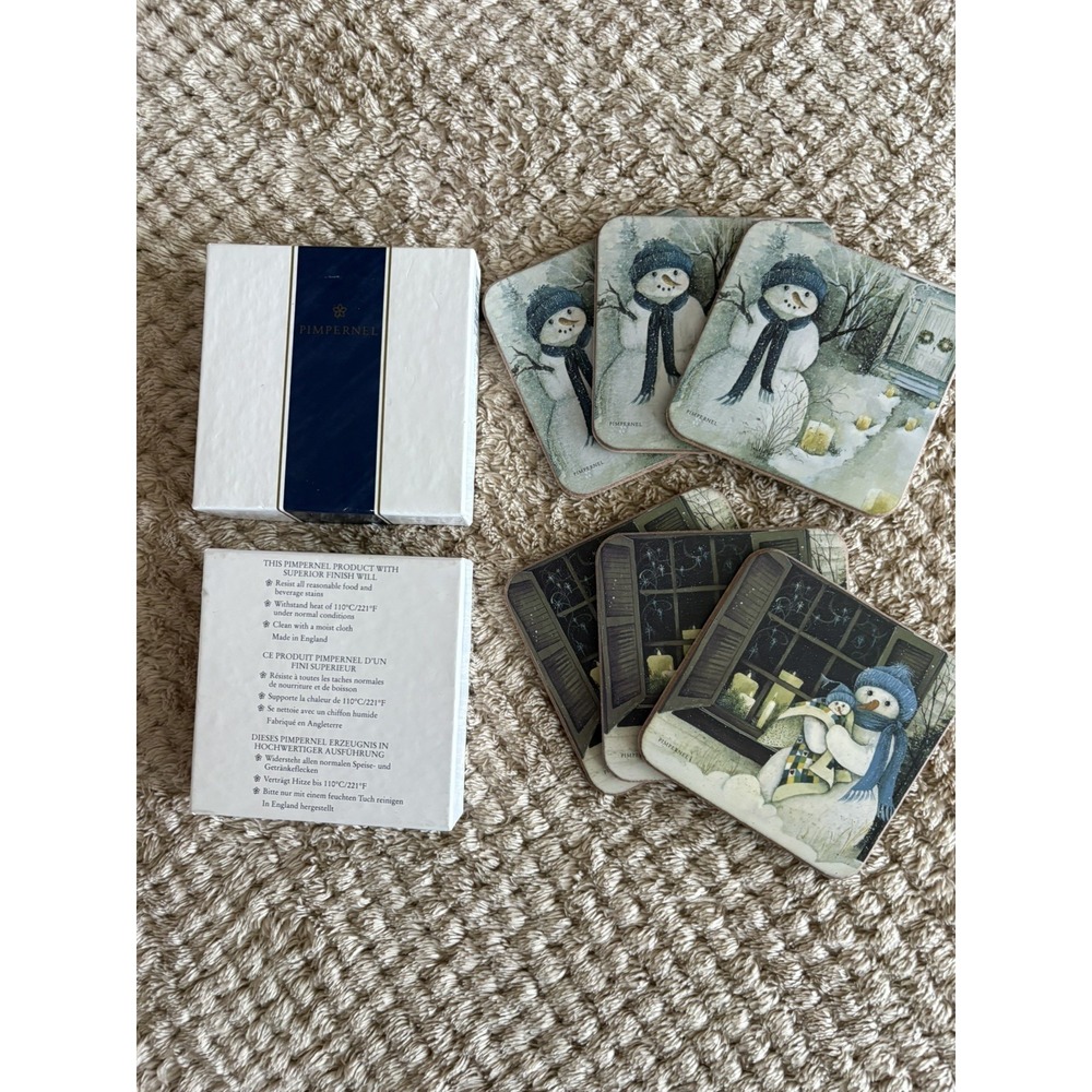 Set of 6 Pimpernel Winter Christmas Snowman Coasters in Box Grandmacore MCM